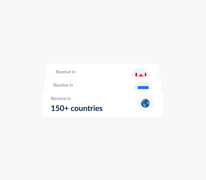A component showing 'Receive in 150+ countries', with a stack of country cards.