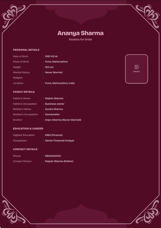 MyMarriageBio: a finished maroon biodata beside a phone open at the homepage, 'Marriage Biodata Maker: Create yours online in minutes'.