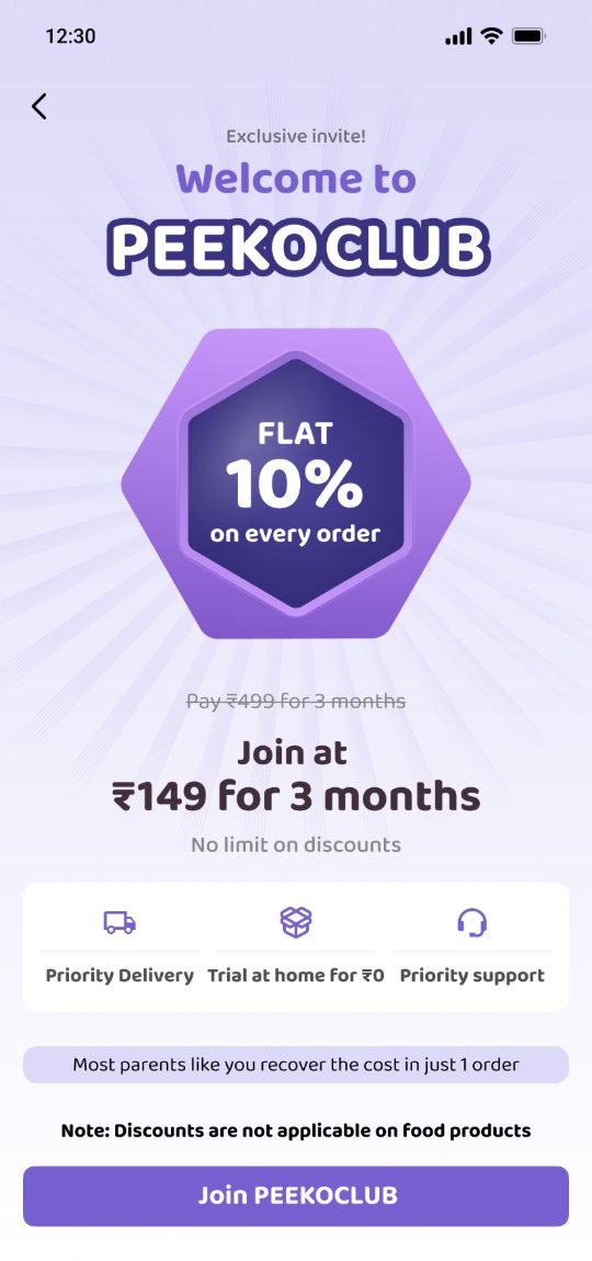 Peeko Club: the invite screen, a flat 10% off every order for three months, with priority delivery, trial at home and priority support.