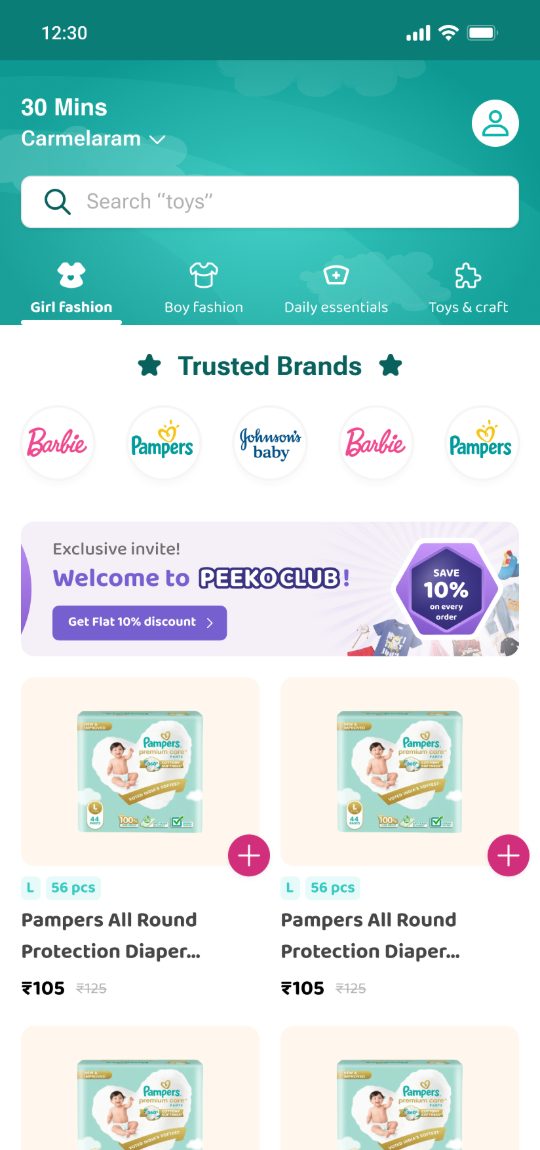 Where the club shows up: the invite banner on the home screen, the saving on this order in the cart, the join sheet over the cart, and the welcome once joined.
